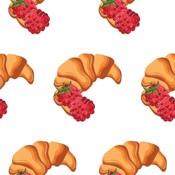 pattern with fluffy croissants with ripe raspberry berries next to it, for menus and various food designs vector