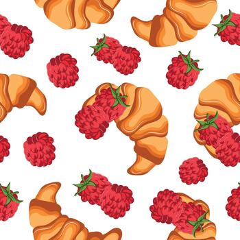 seamless pattern with fluffy croissants with ripe raspberry berries next to it, for menus and various food designs vector