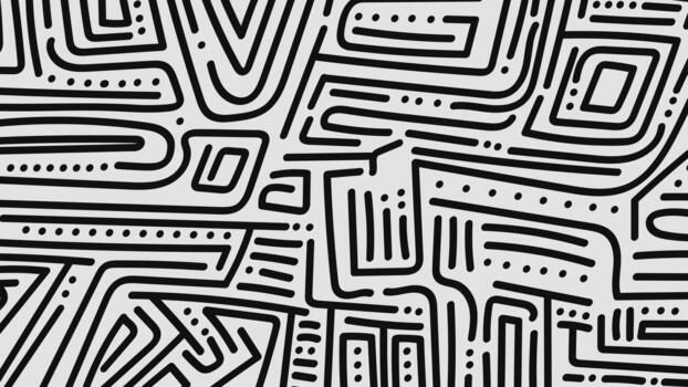 Dynamic black and white abstract background featuring a complex, dense pattern of thick, organic lines, dots, and geometric shapes. vector