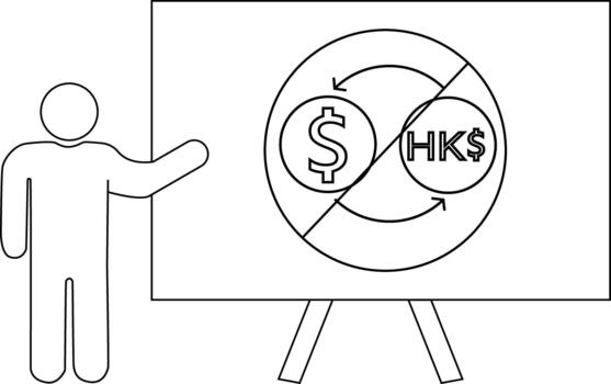 A person gestures to a whiteboard showing arrows rotating between a dollar and a Hong Kong dollar symbol inside a circle with a cross vector