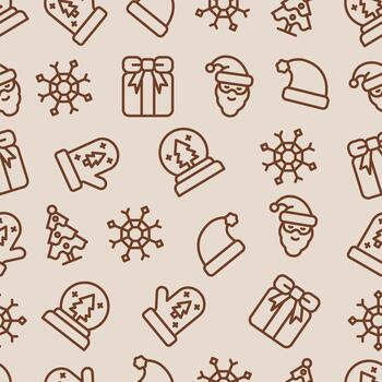 sin costura modelo presentando repitiendo contorno íconos de clásico Navidad elementos en un calentar marrón color en un pálido beige antecedentes. vector