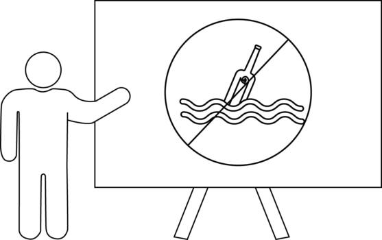 un presentador soportes por un firmar prohibir botellas en agua desplegado en un presentación estar vector