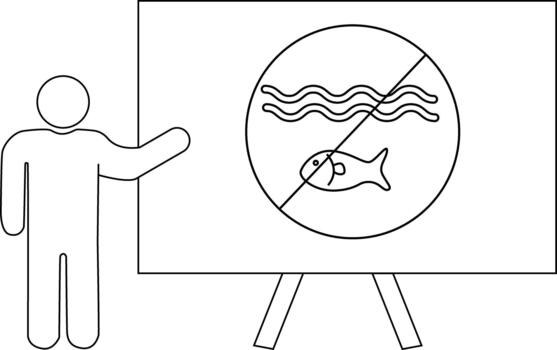 Figure presents a sign with waves and a fish inside a circle crossed out by a diagonal line placed on a stand vector