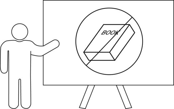 Stick figure points to a sign of a book inside a circle with a line through it mounted on a stand vector