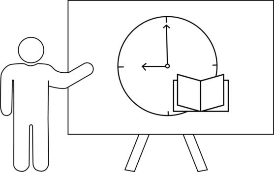 un persona gestos a un pizarron con un reloj y libro icono en eso vector