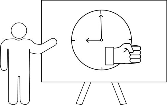 A person gestures towards a clock face with a hand and fist on a presentation board vector