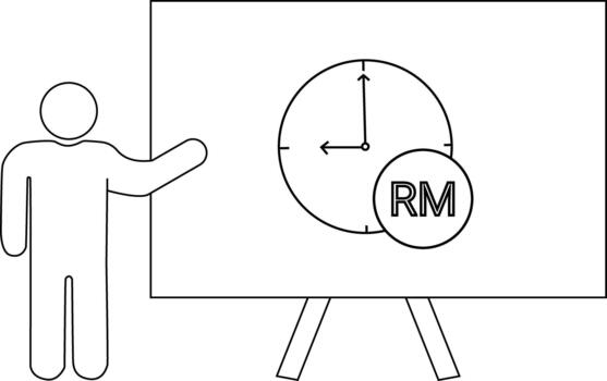 un presentador soportes junto a un pizarron con un reloj y rm símbolo desplegado vector