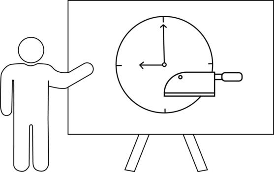 Outline image person presenting a clock intersected by a meat cleaver on an easel vector