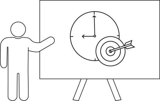 Presentation with clock target and arrow on whiteboard beside figure vector