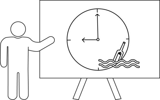 Stick figure presents board displaying clock face with bottle in waves on easel vector