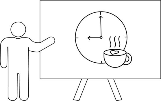 Figura de palo presentador puntos a un pizarron con un reloj demostración 900 junto a un café taza con un corazón vector