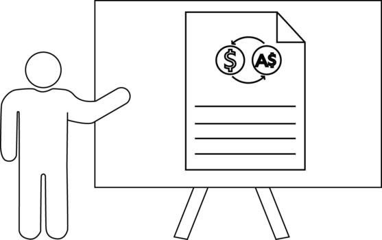un figura señalando a un documento en un caballete demostración nosotros y australiano dólar intercambiar vector