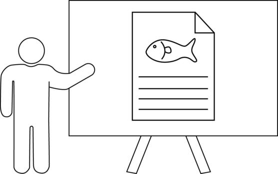 un persona puntos a un pizarron mostrando un pescado dibujo encima cuatro líneas de texto vector