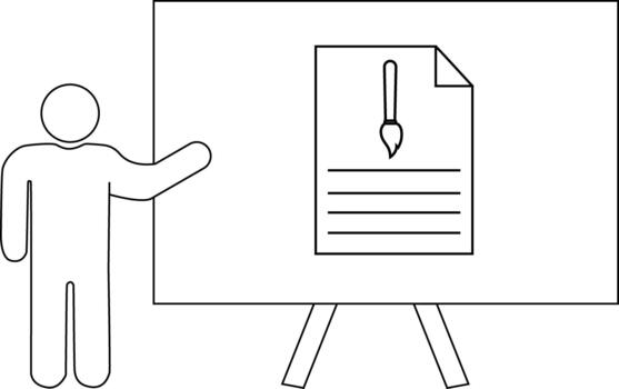 un pizarron en un estar muestra un papel con un cepillo en eso un persona soportes a el lado gesticulando vector