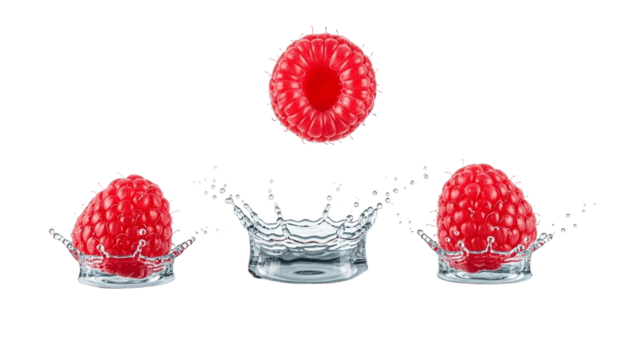 tre maturo lamponi spruzzi in chiaro acqua, la creazione di dinamico corona spruzzi e increspature, isolato su un' trasparente sfondo, cattura il freschezza e vivace colore di il frutta png