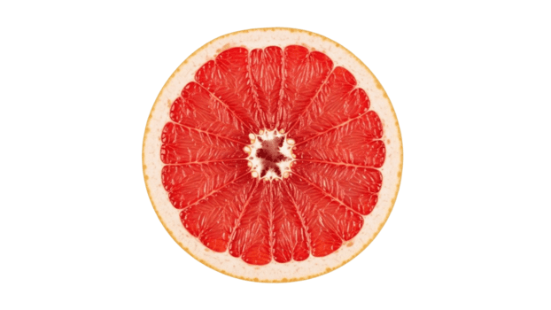 A vivid cross-section of a ripe, juicy red grapefruit, revealing its intricate segmented pattern and rich ruby color, isolated on a clean background in a studio overhead shot png