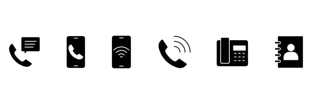 Phone solid icon set. Contact icons set. Tele communication or communication symbol. Containing contact, calling, communication, call, message, smartphone, and more. vector