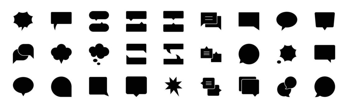 Popup bubble speech solid black icon set. Icons for message, comment, chat icon. Ideal for modern communication, dialog popups, Speech bubble, speech balloon, chat bubble and digital talk bubble set. vector