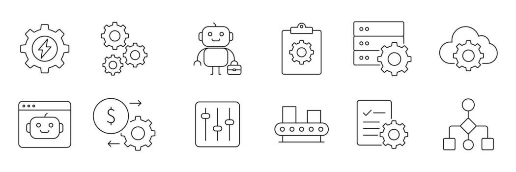 negocio automatización línea icono colocar. presentando proceso, Finanzas automatización, usuario interfaz, negocio modelo, digital mejoramiento. Procesando mejoramiento icono para negocio. vector