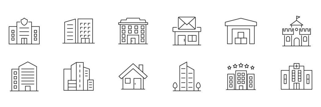 edificio icono colocar. edificio web icono en contorno estilo. edificios en varios arquitectónico estilos icono recopilación. vector