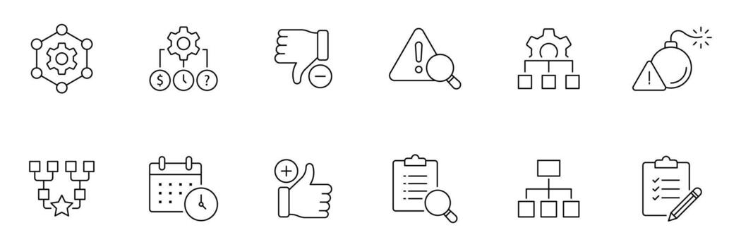 Swot analysis web icon set line style. Containing strengths, weaknesses, opportunities, threats, advantage, assessment, framework, strategy, planning, project and more. vector