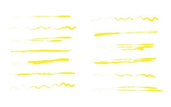 Yellow line brush stroke. Text underline and crayon textures. Hand drawn highlights with rough edges for text decoration. Wavy marks and zigzag patterns. vector