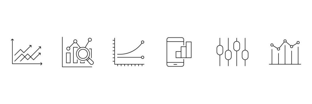 Charts and graph web line icon set. Set of outline icons related to graph, charts, candlesticks, bar charts, pie charts and others. Editable stroke. vector