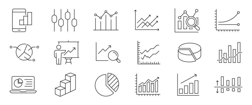 Graph and charts web line icon set. Set of 18 outline icons related to graph, charts, candlesticks, bar charts, pie charts and others. Editable stroke. vector