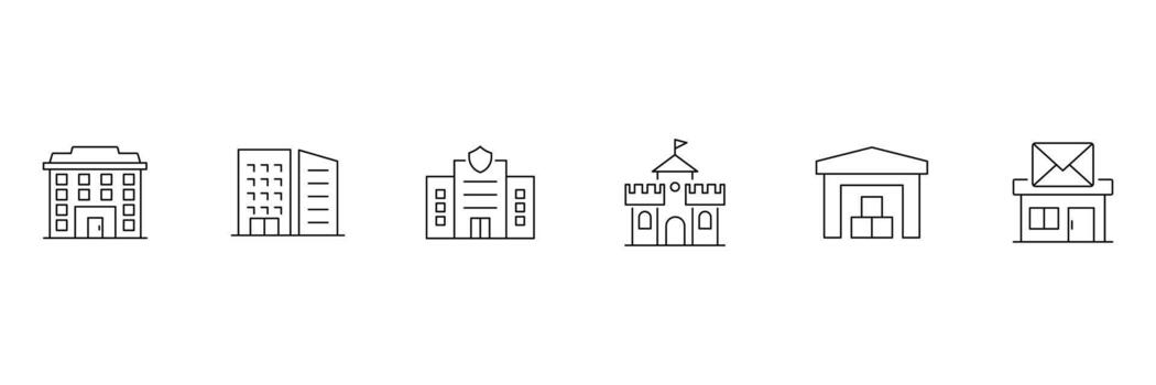 edificio iconos edificio web icono en contorno estilo. edificios en varios arquitectónico estilos icono recopilación. vector