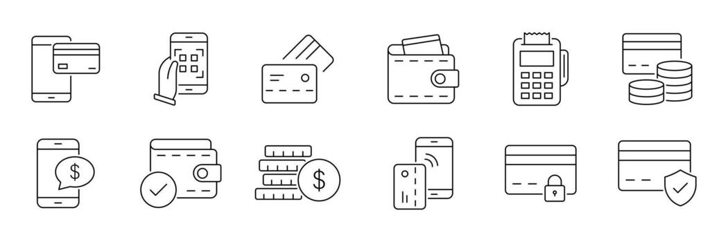 Online payment set of web icons in line style. Modern payment methods. Credit card and digital payment line icons. contain digital wallets, QR code transaction. vector