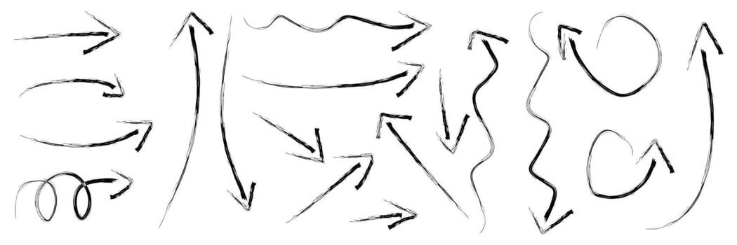 Hand drawn arrow set. Brush art. Crayon texture - curved and straight, spiral and directional pointers for navigation or infographic design. vector