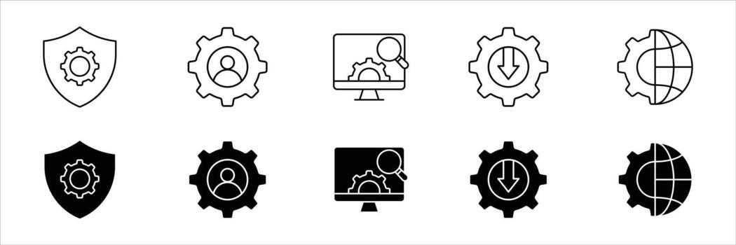 ajustes y preparar línea y sólido negro icono colocar. opción, instalación, regulación, configuración, ajustes, controlar icono. editable ataque. vector
