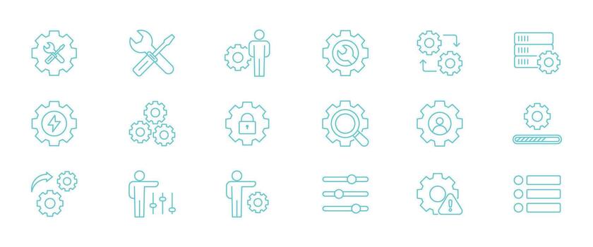ajustes icono. ajustes contorno cian icono colocar. contiene opciones, configuración, proceso, mantenimiento, ingeniería, mecanismo, personalización, mejoramiento. vector