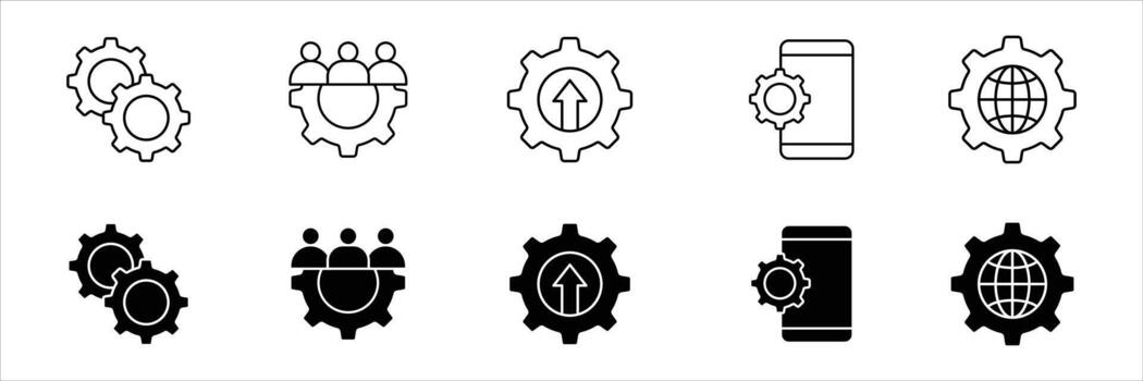 ajustes y preparar línea y sólido iconos opción, instalación, regulación, configuración, ajustes, controlar icono. vector