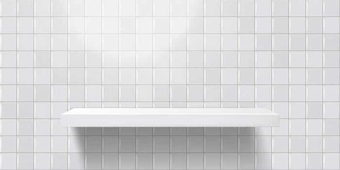 White empty shelf on a white-gray wall with realistic square tiles. vector