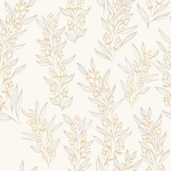 elegante sin costura modelo con delicado lineal sucursales, suave beige brotes, y multa hojas en un ligero antecedentes. un refinado botánico diseño ideal para textiles, embalaje, y decoración vector