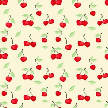 Playful seamless pattern with shiny red cherries, delicate stems, and soft green leaves on a light cream background, creating a fresh, bright, and cheerful fruity design vector