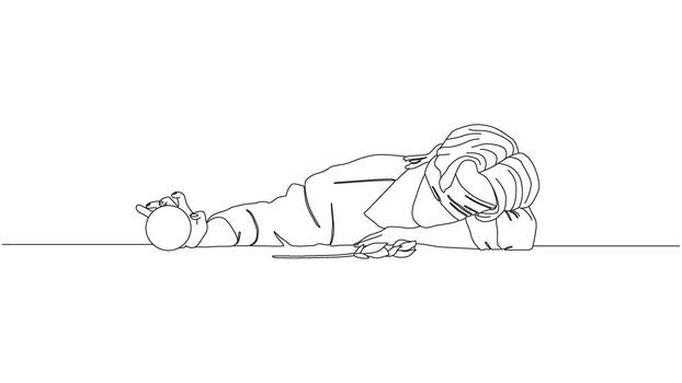 minimalista línea dibujo representando un persona descansando con un mano secundario su cabeza y un pequeño vector