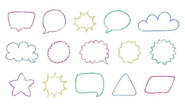 vistoso contorno habla burbujas mano dibujado con lápiz de color textura. conjunto de comunicación formas y fronteras con Escribiendo grunge trazos formas para texto, infantil diseños, pegatinas, antecedentes. vector