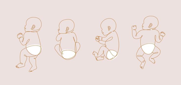 Newborn silhouette in a diaper in different poses collection drawing in linear art style on light background vector