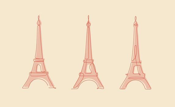 eiffel torre en Tres variaciones dibujo en continuo lineal Arte estilo en melocotón antecedentes vector