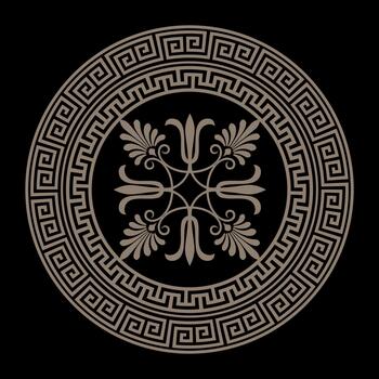 Greek key meander pattern on black background. Gold round frame arabesque. Plate with large floral element in the center. Egyptian pattern. Pattern frame for circle ceramic, textile, plate, embroidery vector