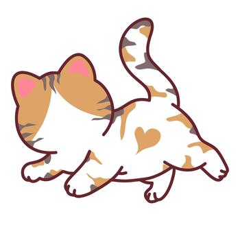Calico cat character crouching pose with heart patch and tail graphic vector