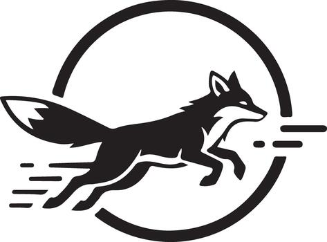 un dinámica negro y blanco ilustración representando un rápido zorro en a mitad de zancada dentro un negrita circular marco vector