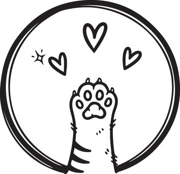 Cute cat paw reaching up with loving hearts and a sparkle in a simple circular frame vector