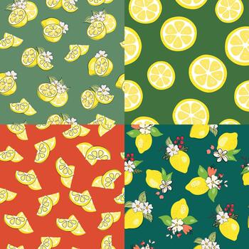 A collection of seamless lemon patterns. A set of vibrant citrus fruits in a minimalist style. vector