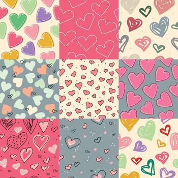 un colección de sin costura patrones para San Valentín día. un conjunto de patrones con vistoso corazones. vector