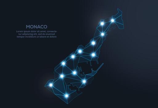 Geometric low-poly depiction of Monaco, showing illuminated cities and population clusters as sparkling dots and space-inspired stars. digital communication network vector