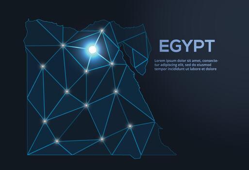 Geometric low-poly depiction of Egypt, showing illuminated cities and population clusters as sparkling dots and space-inspired stars. digital communication network vector