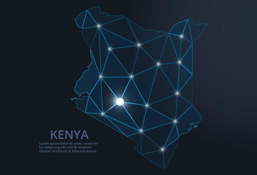 Geometric low-poly depiction of Kenya, showing illuminated cities and population clusters as sparkling dots and space-inspired stars. digital communication network vector